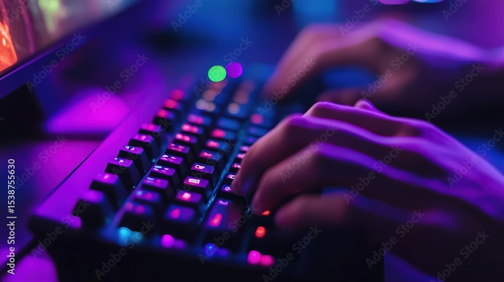 Poster hands typing on a backlit rgb mechanical keyboard in a dark setting, illuminated by colorful neon li