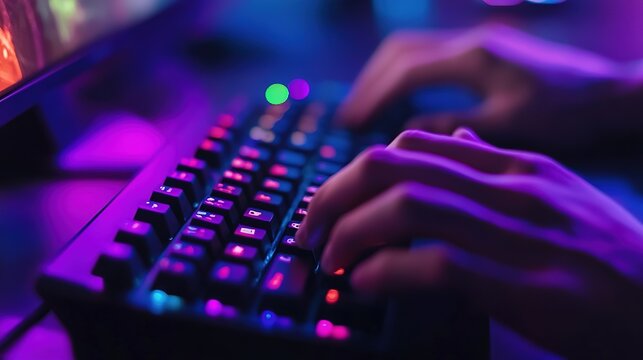 Hands typing on a backlit RGB mechanical keyboard in a dark setting, illuminated by colorful neon lights. - Powered by Adobe