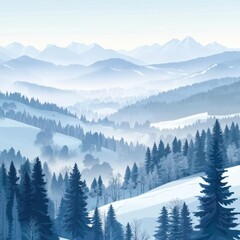 Snowy mountain range, misty valleys, winter landscape