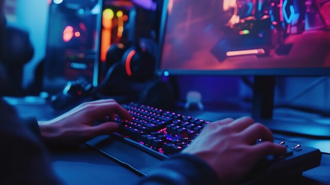 A person is gaming on a colorful RGB-lit mechanical keyboard with a high-resolution monitor displaying a vibrant game scene in a dark room.