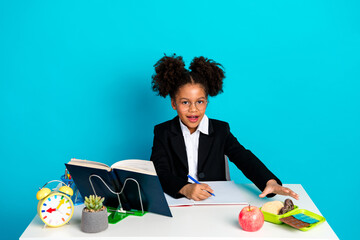 Energetic schoolgirl studying at her desk with enthusiasm, surrounded by educational elements and...