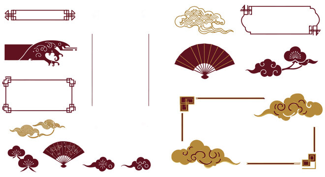 Traditional asian decorative elements with clouds, fan, and floral motifs vector illustration
