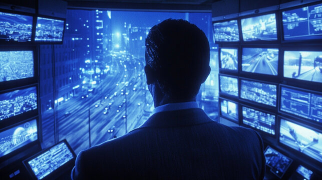 Man in suit viewing multiple surveillance monitors showing city traffic and building lights