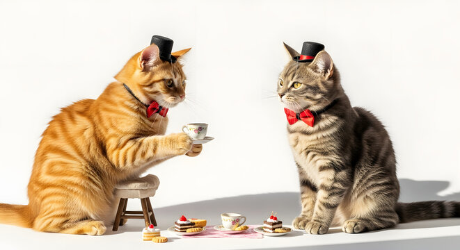 Two cats having a &ldquo;tea party&rdquo; with miniature cups and saucers, humorous setup, white background