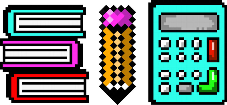 Pixel style educational composition with stacked textbooks, sharpened pencil, and blue calculator on white background. Concept of branding assets for youth art festivals