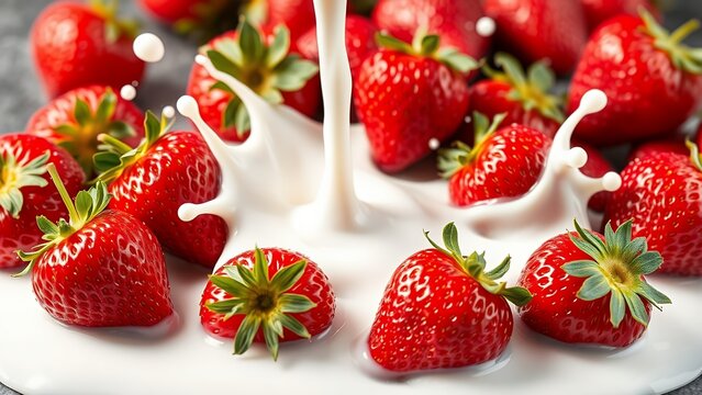 Vibrant Display of Fresh Strawberries with Milk