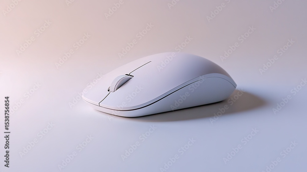 Poster a sleek, modern white wireless computer mouse on a smooth surface with soft lighting and subtle shad