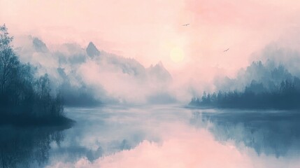 Fototapeta premium Serene Misty Landscape with Soft Colors and Calm Water Reflection at Dawn in Nature