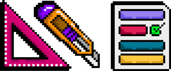 Pink ruler orange utility knife and checklist sheet rendered in bright pixel icon style for task and measurement visuals. Concept of DIY and construction planning, workspace tools