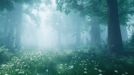 Serene Misty Forest Scene with Lush Greenery and Ethereal Light Filtered Through Trees
