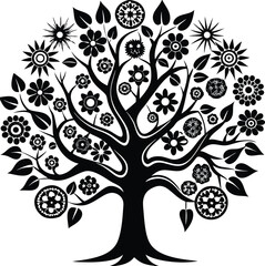 Fototapeta premium Decorative Floral Tree Silhouette with Intricate Flowers and Leaves – Black Ornamental Vector Illustration