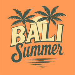 Vintage Bali summer print with palm tree and tropical beach