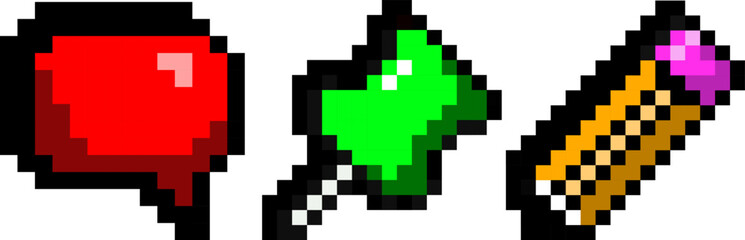 Obraz premium Pixel style set featuring a red speech bubble, green heart-shaped pin, and short pencil with pink eraser on clean white background. Concept of productivity and planning apps, digital icon sets