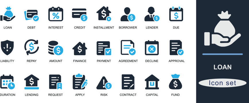 Flat loan icon set with credit, debt, EMI, interest, mortgage, payment, borrower, approval, document, and finance. Ideal for banking and fintech UI.