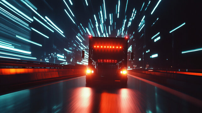 A truck driving on a highway at night with light trails and red lights on the back of the truck