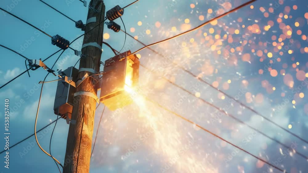 Poster a street light with sparks and electricity discharging from the top, suitable for use in science or 