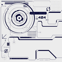 Abstract vector HUD interface in blue and white with system error elements, digital code fragments, and circular glitch layout on tech grid background. Concept of glitch and cyberpunk visuals in