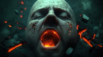 Surreal image of a person with a glowing fiery mouth surrounded by floating debris, evoking intense emotion and dark fantasy themes.