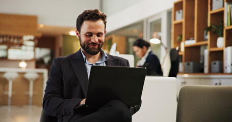 Laptop, reading and business man at hotel for guest, conference itinerary and booking reservation. Expo schedule, hospitality and convention venue with person for online, email RSVP and travel