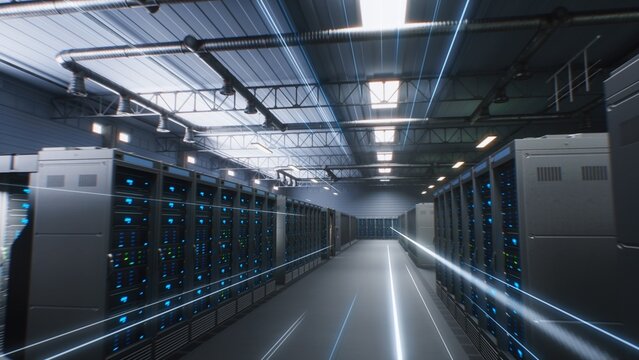 Modern Data Technology Center with Server Racks in Large Storage with VFX Animation. Animated Visualization of Data Flow, Internet Traffic on Servers. AI Digitalization and Internet of Things Concept.
