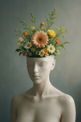 Surreal mannequin with blooming flowers growing from open head in soft pastel light