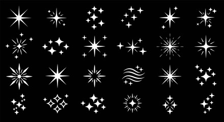 Collection of various white geometric star and sparkle icons on black background vector illustration
