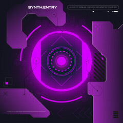 Obraz premium Dark cyberpunk vector artwork in purple tones with circular digital center, synth interface text, corrupted signal warning and grid-based UI structure. Concept of synth tech, communication failure