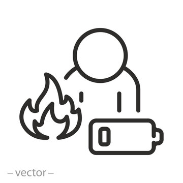 burnout icon, person with fire, stress burnout syndrome, emotional problem, low battery, thin line symbol on white background, tired person vector illustration