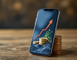 high quality, a smartphone displaying a rising profit graph from a falling coin, symbolizing business investment success and money saving concept