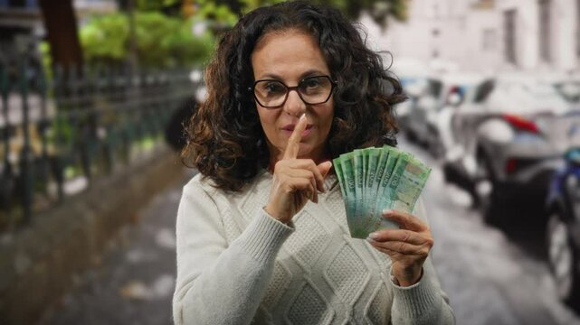 Middle-aged woman holding russian rubles gesturing silence on a city street with cars in the background.
