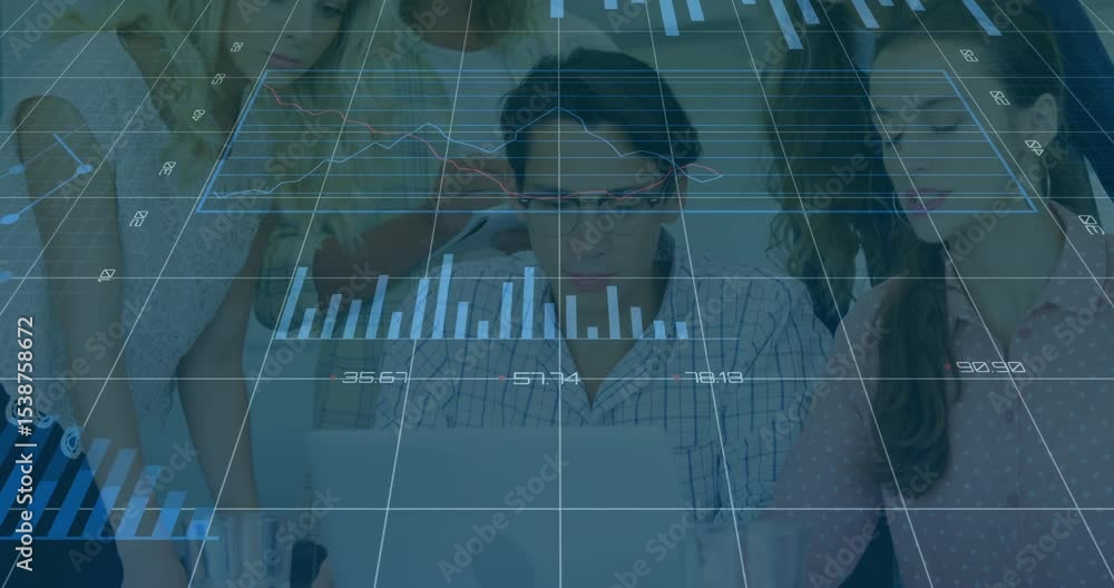 Poster business team typing keystrokes initiating chart overlay emphasizing metrics for decision making