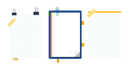 Assorted stationery set with paper clips, binder clips, and graph paper designs vector illustration