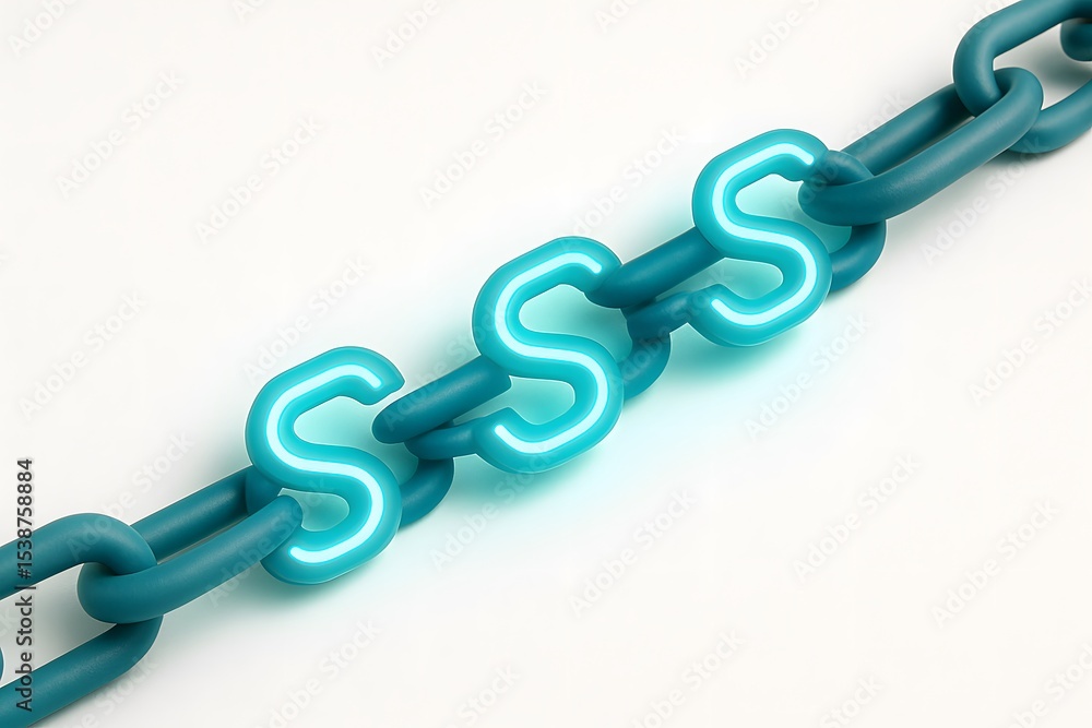 Poster futuristic neon chain links with glowing s shapes on white background