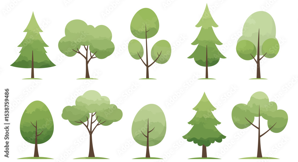 Aufkleber collection of various green trees with different shapes and sizes vector illustration