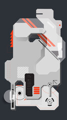 Clean tech panel blueprint with geometric composition, grayscale layer zones, bold control labels, stripe highlights and digital core icons. Concept of interactive application flow maps