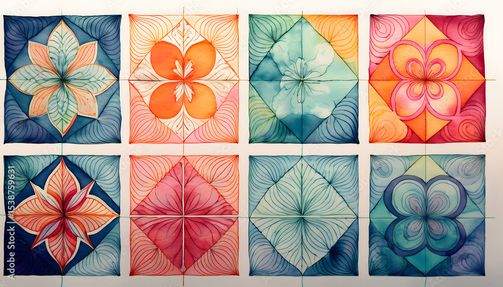 Poster a grid of colorful quilt blocks featuring intricate floral and geometric patterns, rendered in a sof