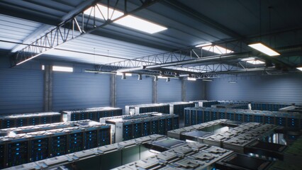 Modern Data Technology Center with Server Racks in Large Storage with VFX Animation. Visualization of Internet Servers, AI Innovation and Cyber Security. Digitalization and Internet of Things Concept.