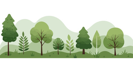Lush green forest landscape with diverse tree varieties and leafy foliage vector illustration