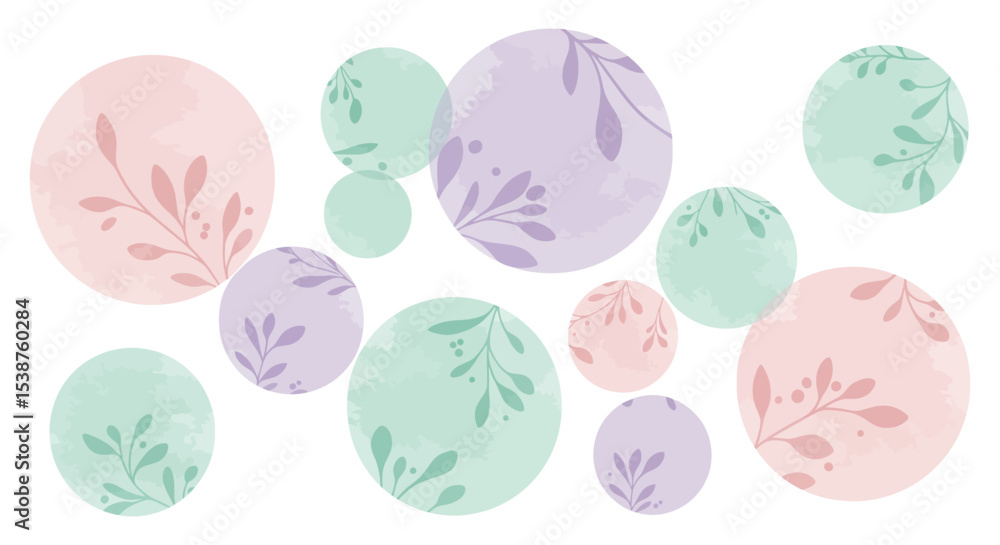 Poster pastel circles with leaf patterns in soft tones on white background vector illustration
