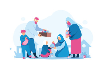 Muslim Family Donating Food and Supplies to Children