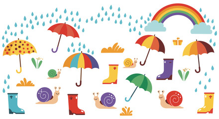 Fototapeta premium Colorful snails with umbrellas, rain boots, and rainbow scene vector illustration