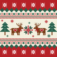 Seamless Christmas Pattern with Reindeer and Snowflakes - Pixel Art Style