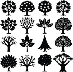 Silhouette Tree Icon Collection with Diverse Shapes, Foliage Styles, and Botanical Elements – Black Vector Set

