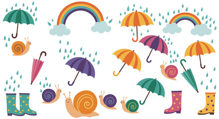 Colorful rainy day scene with umbrellas, snails, rainbows, and boots vector illustration