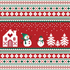 Christmas Pixel Art Background with Snowmen, Trees and Houses
