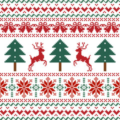 Cute Pixel Reindeer with Heart and Snowflake - Christmas Knitting Style