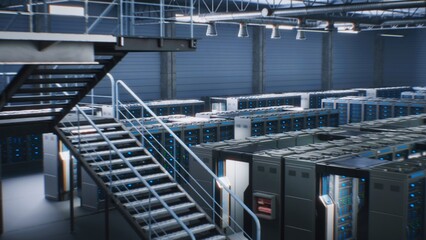 Futuristic Data Center with Server Racks in Big Warehouse. Animated Visualization of Internet Servers, AI Information Technology and Cybersecurity. IOT and Digitalization Concept. VFX Animation.