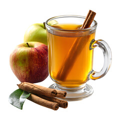 Autumn spiced apple cider with cinnamon stick, in clear mug, warm tones, white background