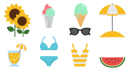 Summer essentials: sunflowers, ice cream, swimwear, sunglasses, umbrella, watermelon, juice vector illustration