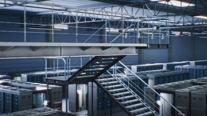 Futuristic Data Center with Server Racks in Big Warehouse. Animated Visualization of Internet Servers, AI Information Technology and Cybersecurity. IOT and Digitalization Concept. VFX Animation.